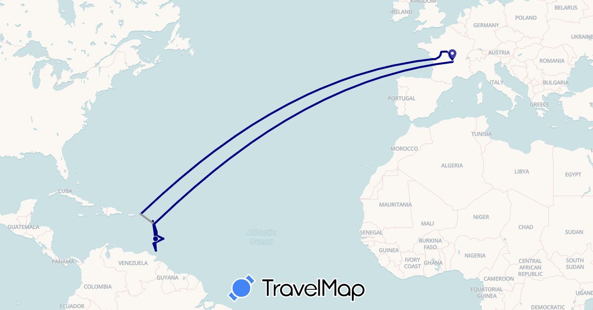 TravelMap itinerary: driving, plane in Antigua and Barbuda, Netherlands Antilles, Barbados, France, Grenada, Guadeloupe, Saint Lucia, Trinidad and Tobago, Saint Vincent and the Grenadines, British Virgin Islands (Europe, North America)